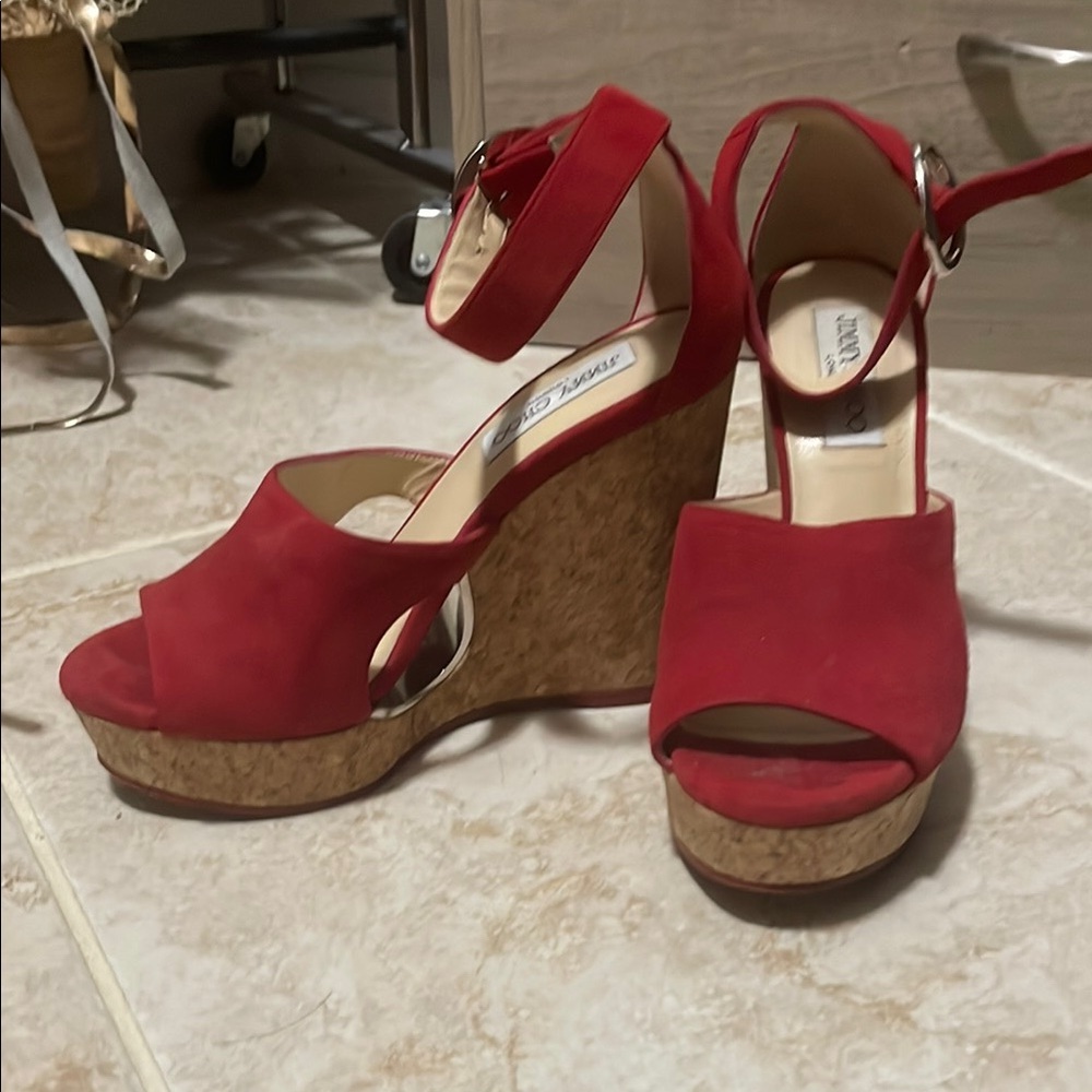 Jimmy Choo Red Wedge Sandals with Cork Heel